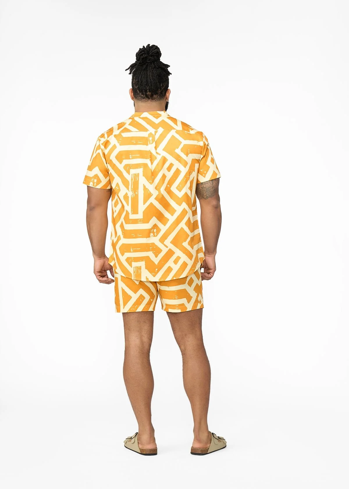 Oumar Men's African Print Mandarin Button-up Shirt (Gold Cream Tribal) - Image 7