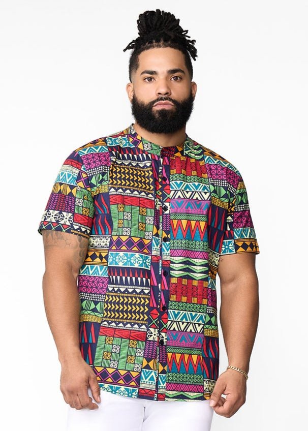 Oumar Men's African Print Mandarin Button-Up Shirt (Green Navy Kente)