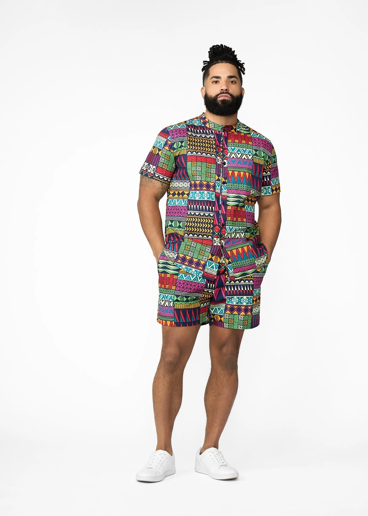 Oumar Men's African Print Mandarin Button-Up Shirt (Green Navy Kente) - Image 2