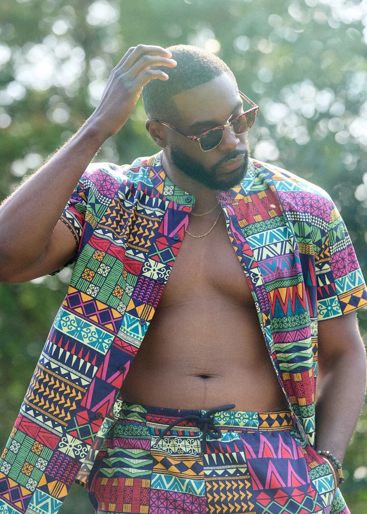 Oumar Men's African Print Mandarin Button-Up Shirt (Green Navy Kente) - Image 3