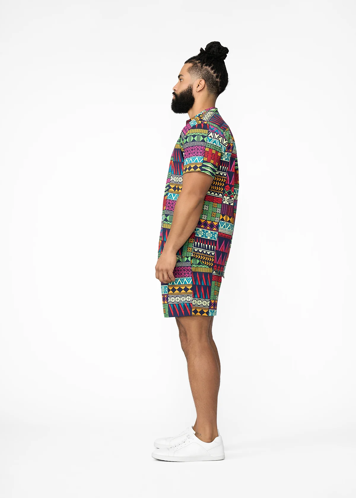Oumar Men's African Print Mandarin Button-Up Shirt (Green Navy Kente) - Image 4