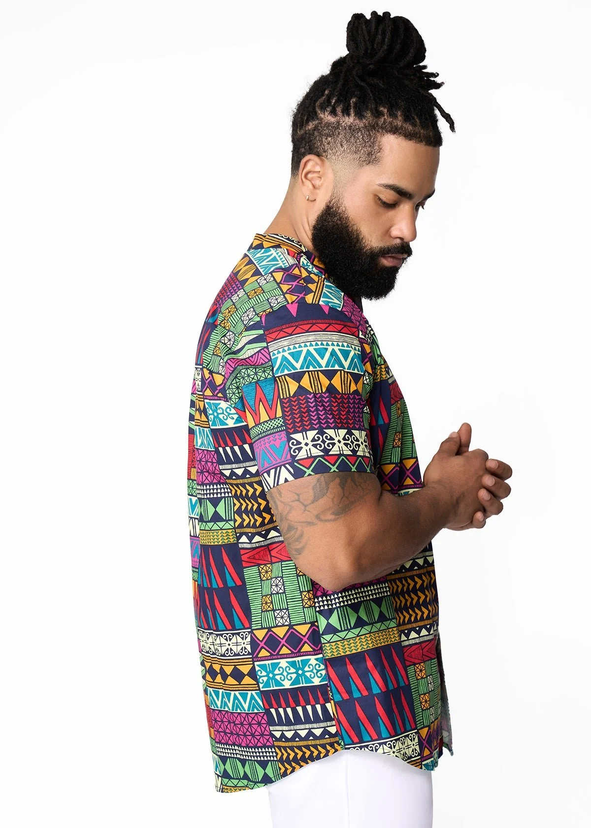 Oumar Men's African Print Mandarin Button-Up Shirt (Green Navy Kente) - Image 5