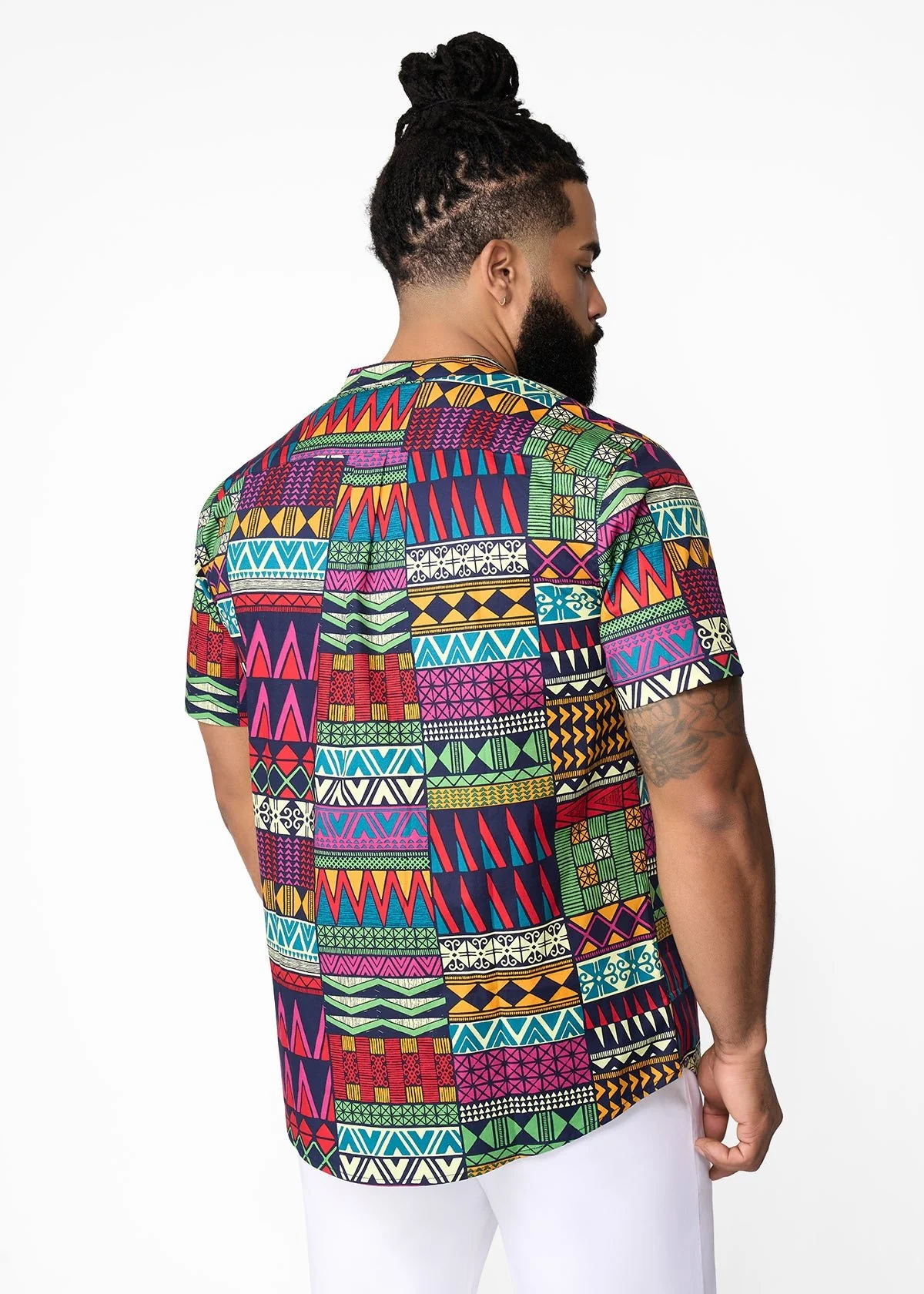 Oumar Men's African Print Mandarin Button-Up Shirt (Green Navy Kente) - Image 6