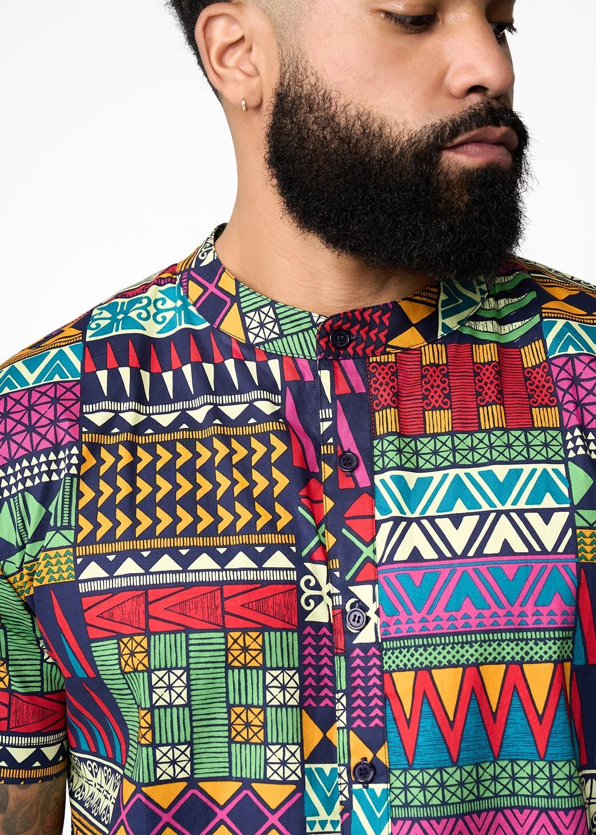 Oumar Men's African Print Mandarin Button-Up Shirt (Green Navy Kente) - Image 7