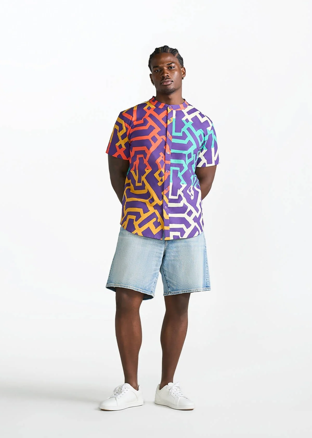 Oumar Men's African Print Mandarin Button-up Shirt (Purple Multicolor Tribal) - Image 3