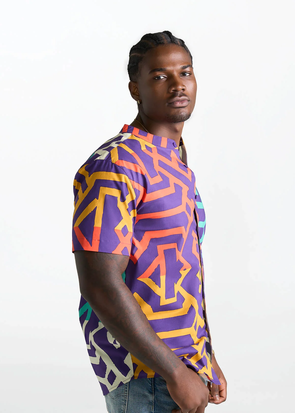 Oumar Men's African Print Mandarin Button-up Shirt (Purple Multicolor Tribal) - Image 5