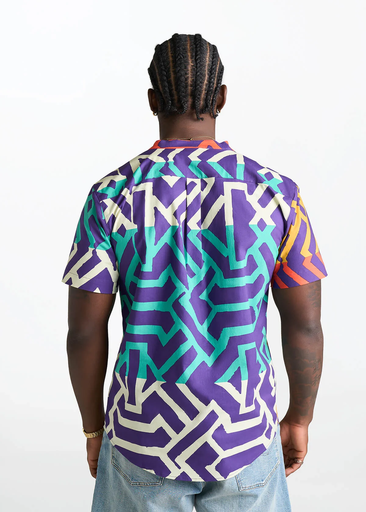 Oumar Men's African Print Mandarin Button-up Shirt (Purple Multicolor Tribal) - Image 6