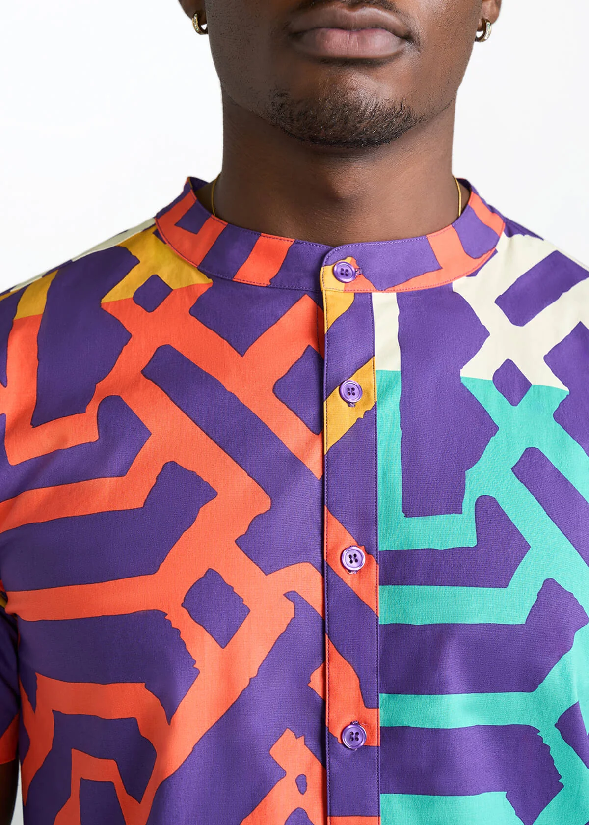 Oumar Men's African Print Mandarin Button-up Shirt (Purple Multicolor Tribal) - Image 8