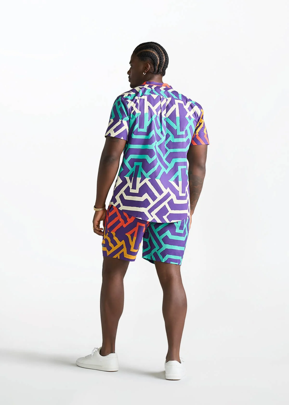 Oumar Men's African Print Mandarin Button-up Shirt (Purple Multicolor Tribal) - Image 9