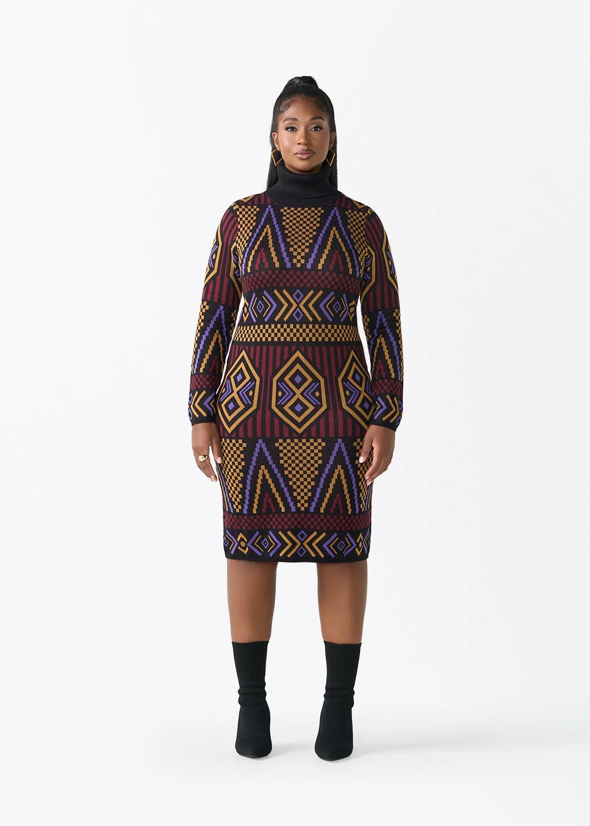 Palesa Women's African Print Turtleneck Sweater Dress (Black Burgundy Tribal)