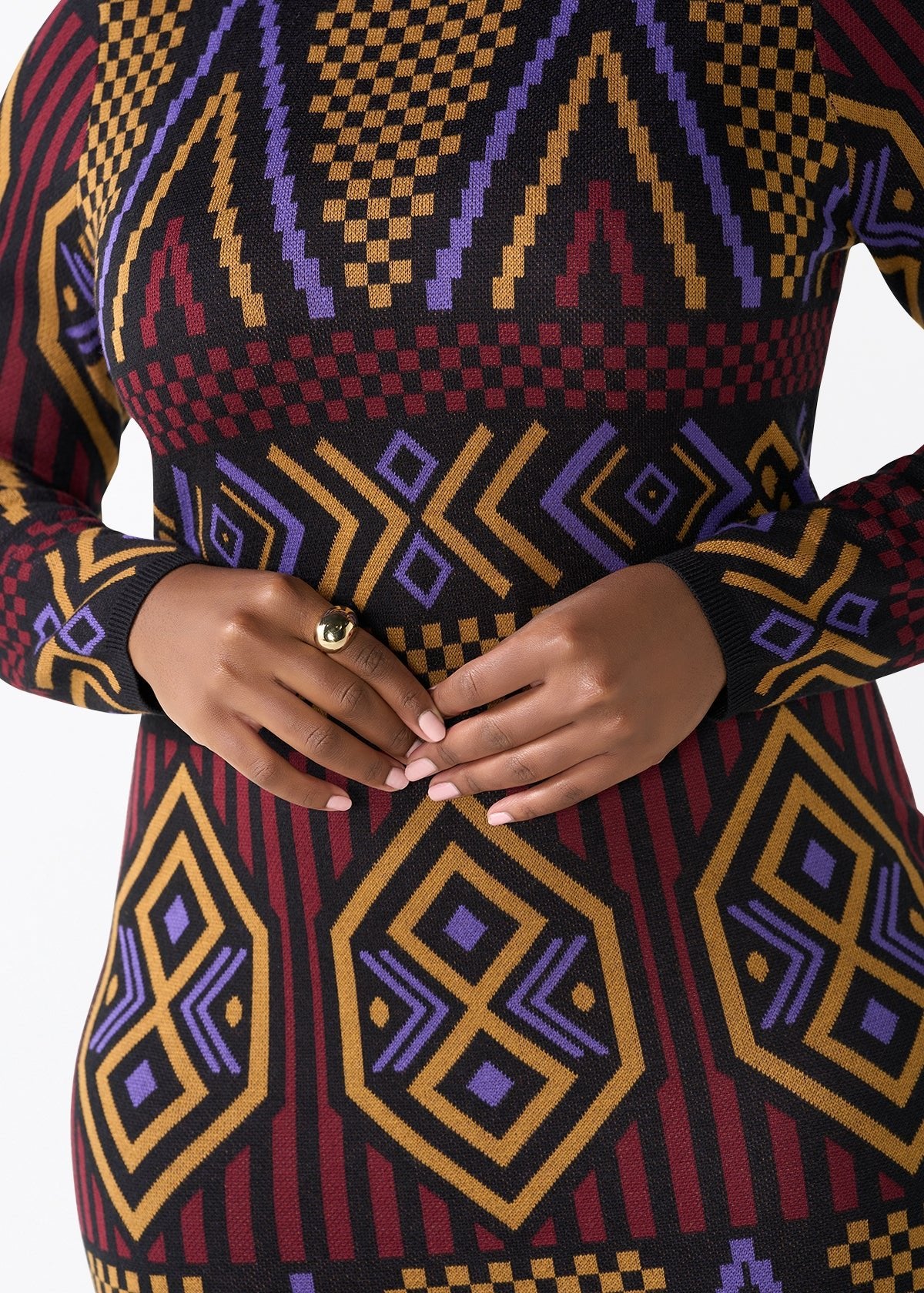 Palesa Women's African Print Turtleneck Sweater Dress (Black Burgundy Tribal) - Image 2