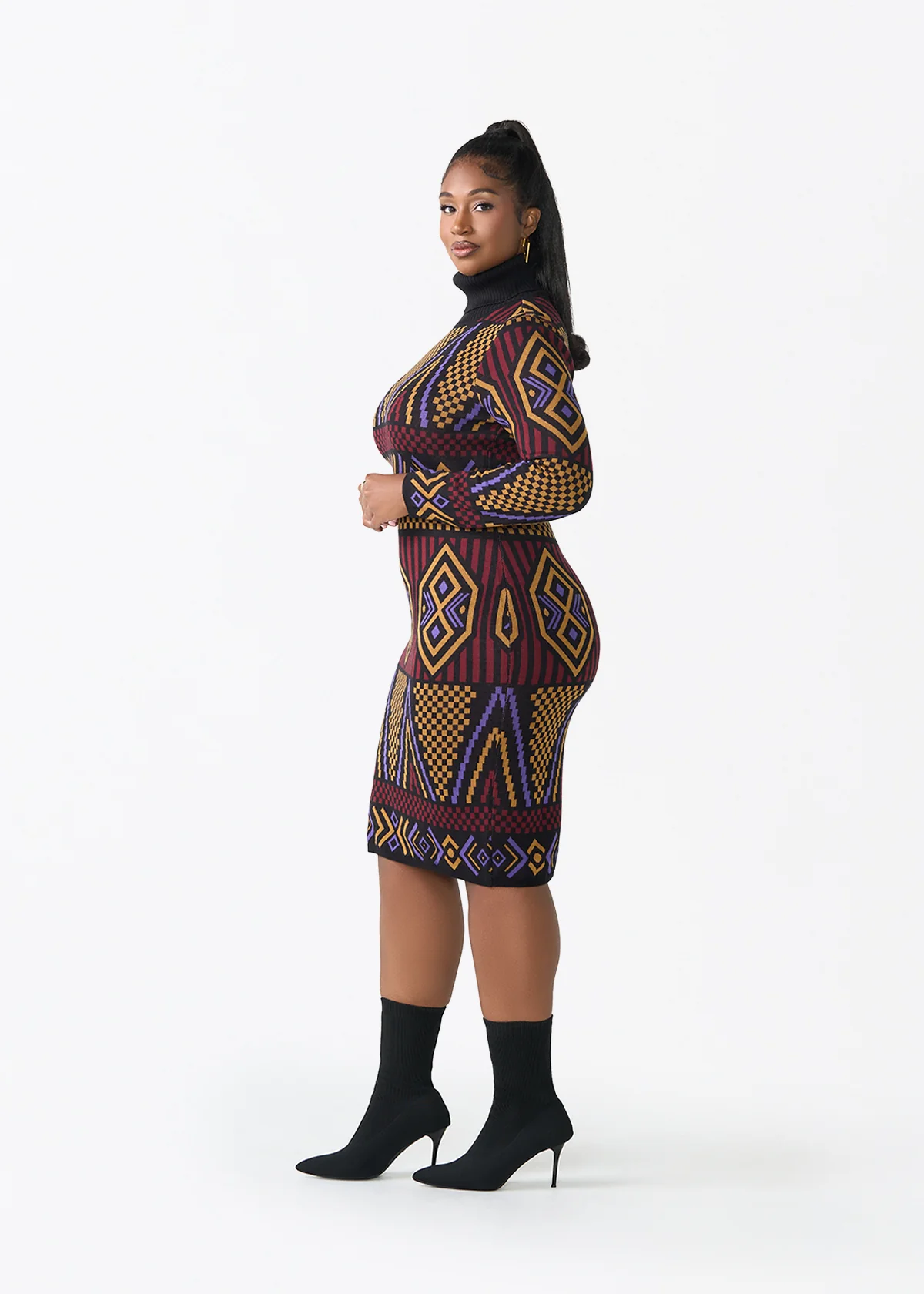 Palesa Women's African Print Turtleneck Sweater Dress (Black Burgundy Tribal) - Image 3