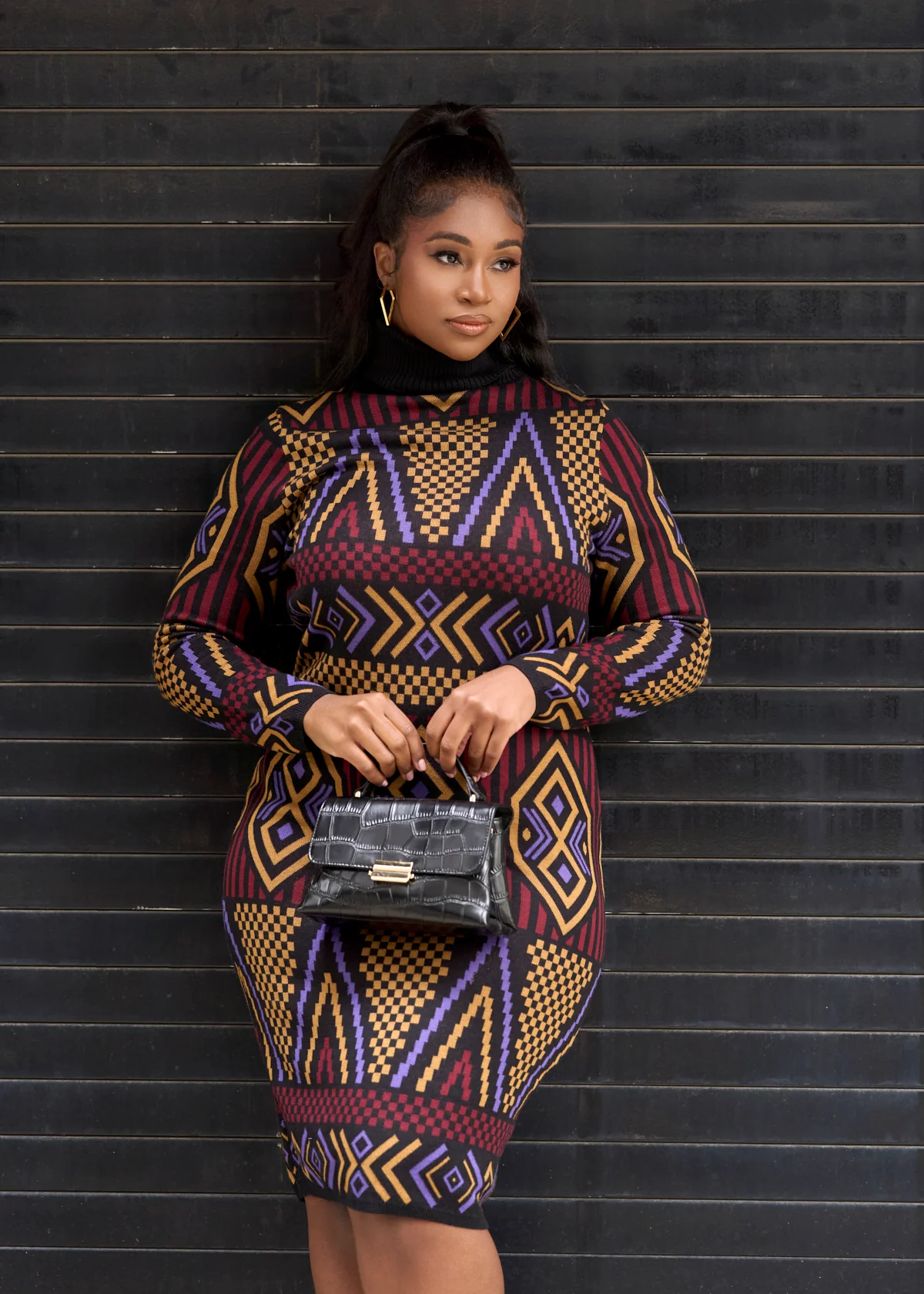 Palesa Women's African Print Turtleneck Sweater Dress (Black Burgundy Tribal) - Image 4
