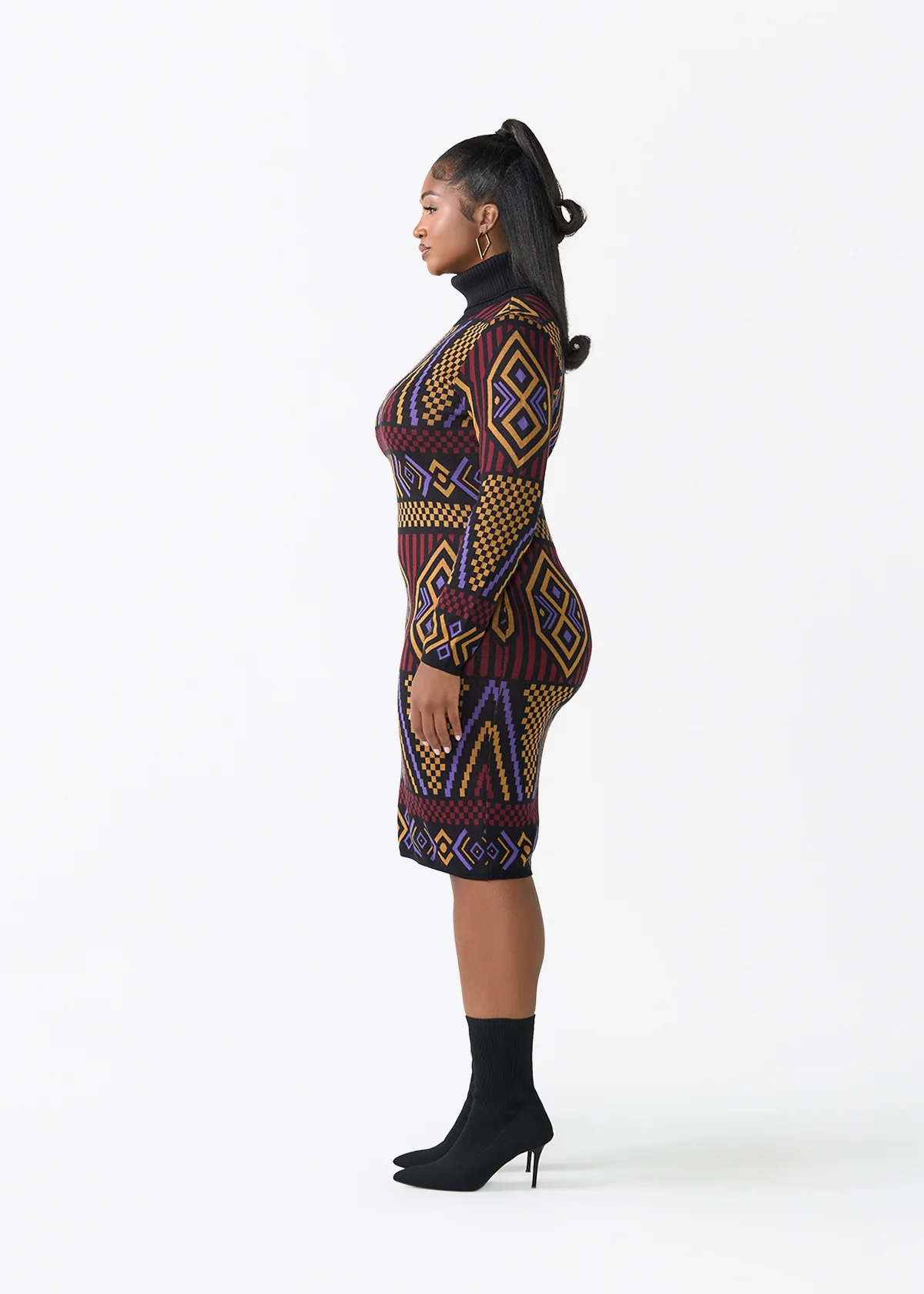 Palesa Women's African Print Turtleneck Sweater Dress (Black Burgundy Tribal) - Image 5