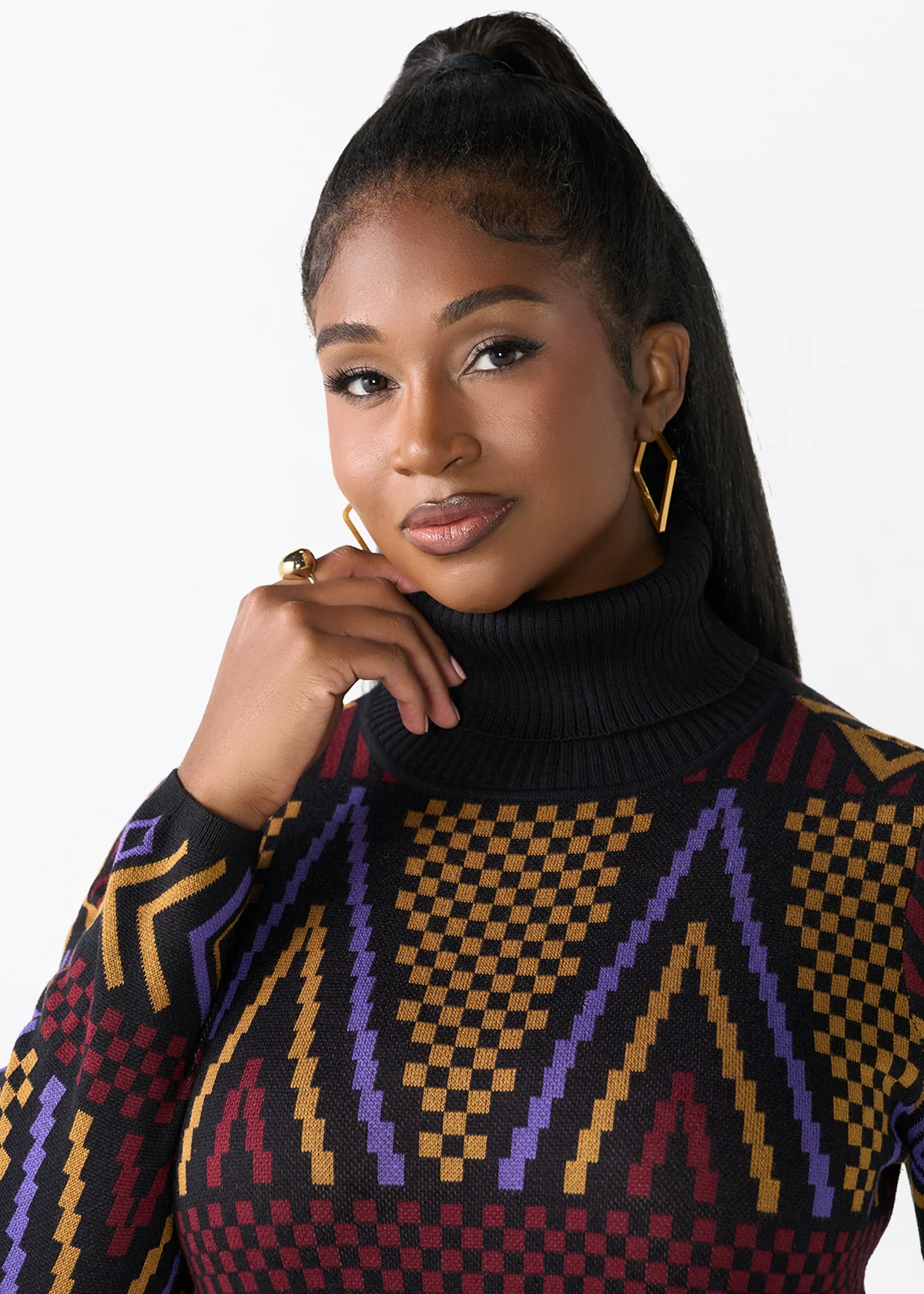 Palesa Women's African Print Turtleneck Sweater Dress (Black Burgundy Tribal) - Image 6