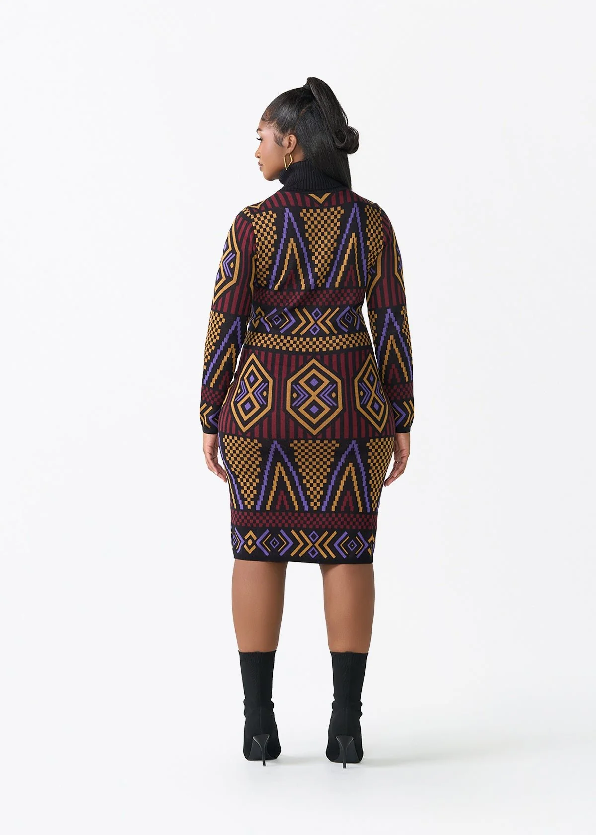 Palesa Women's African Print Turtleneck Sweater Dress (Black Burgundy Tribal) - Image 7