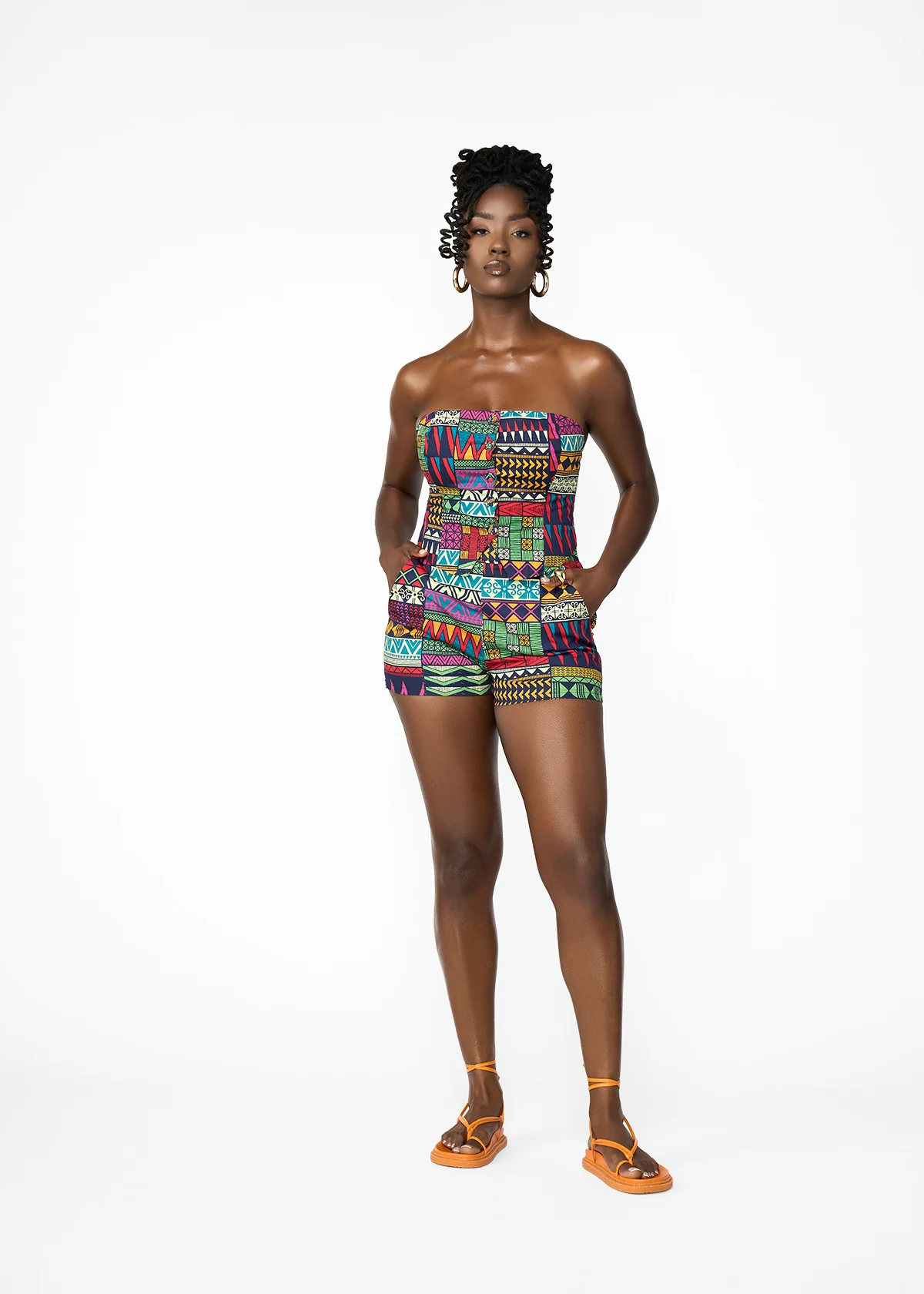 Rakiya Women's African Print High-Waisted  Shorts (Green Navy Kente) - Image 2