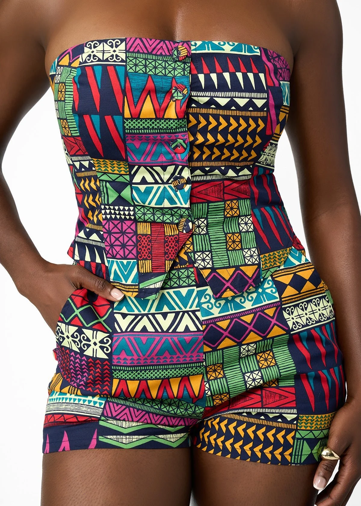 Rakiya Women's African Print High-Waisted  Shorts (Green Navy Kente) - Image 4