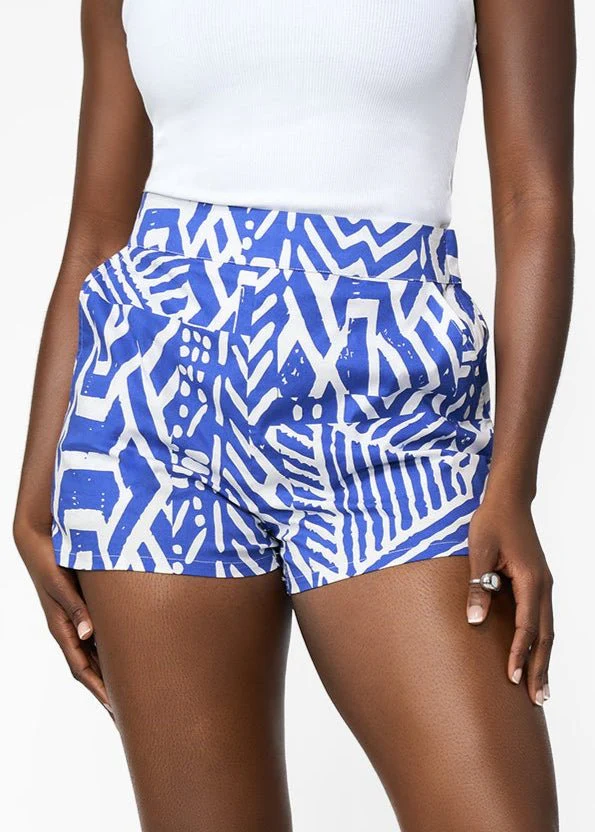 Rakiya Women's African Print High-Waisted  Shorts (White Cobalt Tribal)