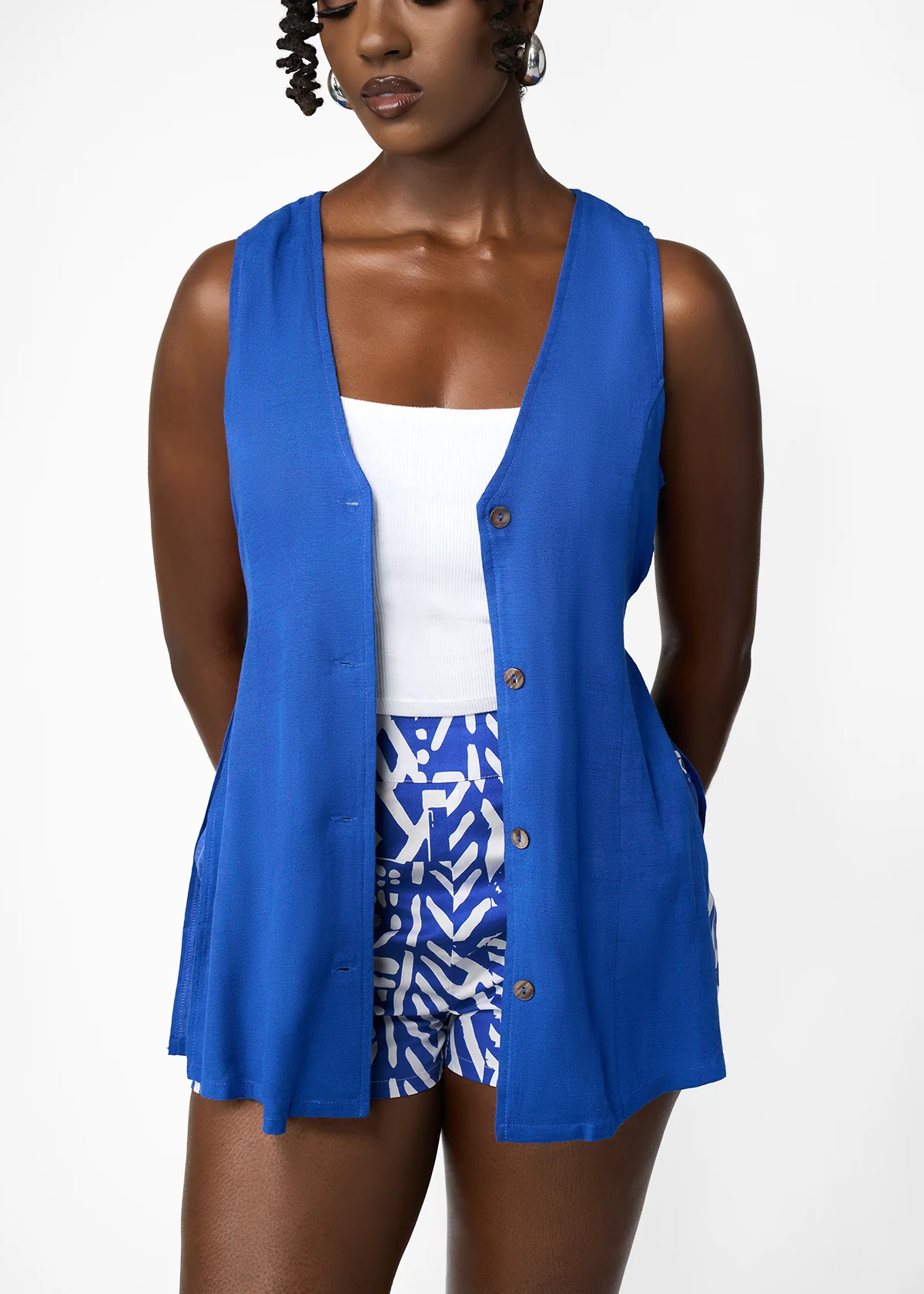 Rakiya Women's African Print High-Waisted  Shorts (White Cobalt Tribal) - Image 4