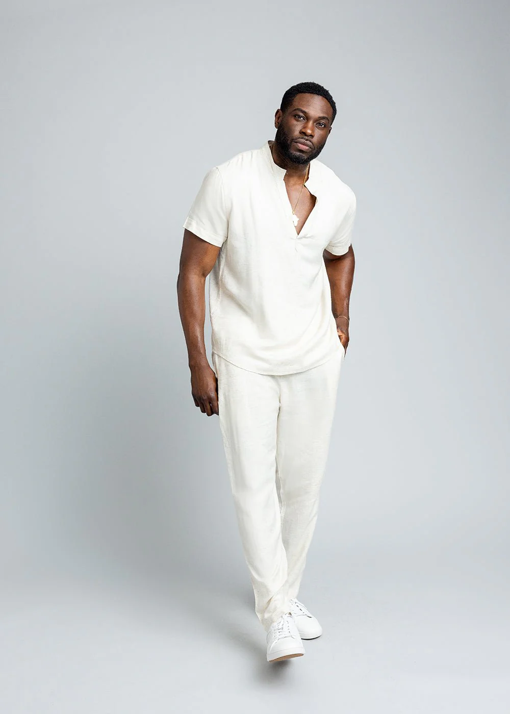 Refiloe Men's African Linen Blend Tunic Shirt (Sand) - Image 2
