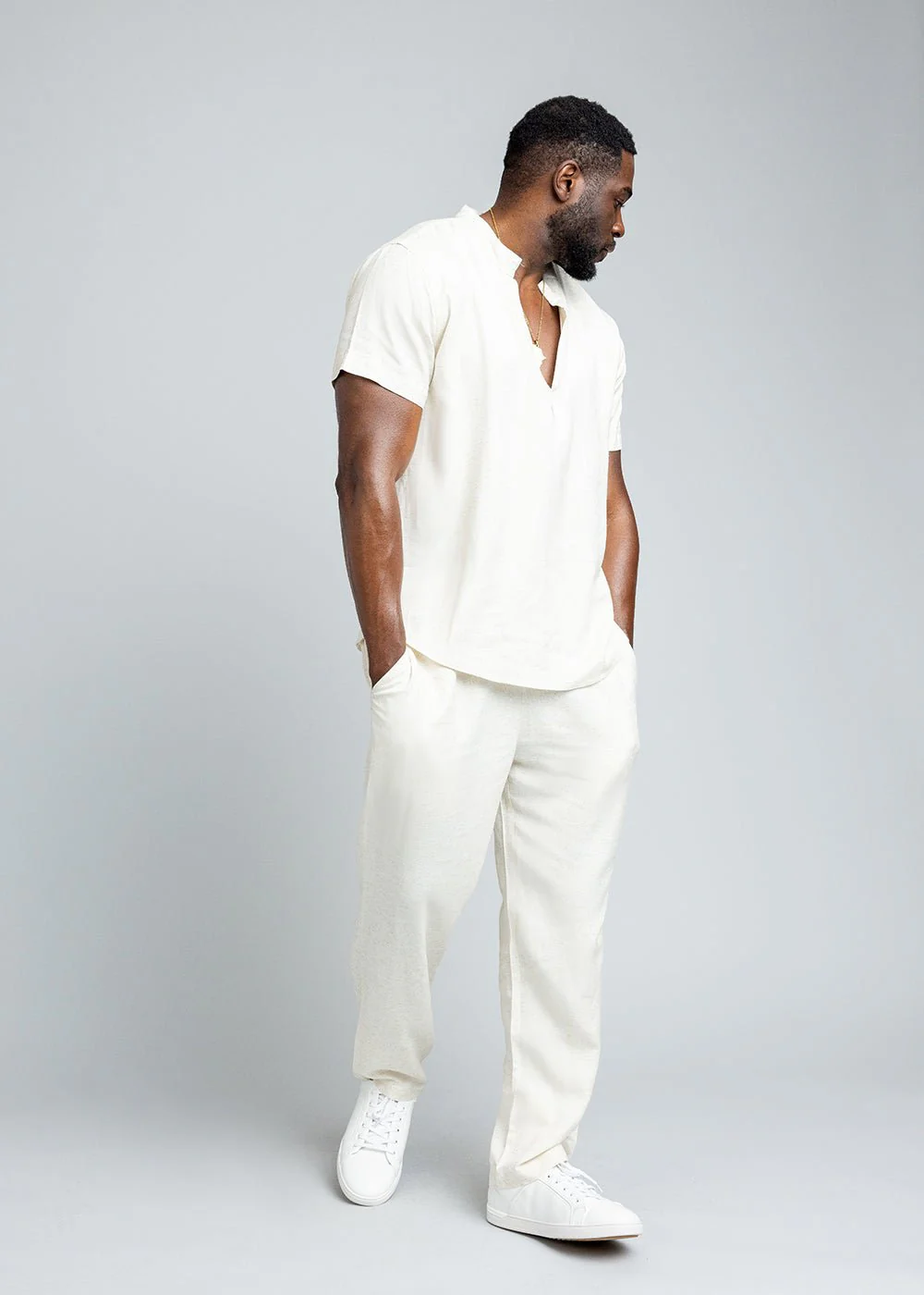 Refiloe Men's African Linen Blend Tunic Shirt (Sand) - Image 3