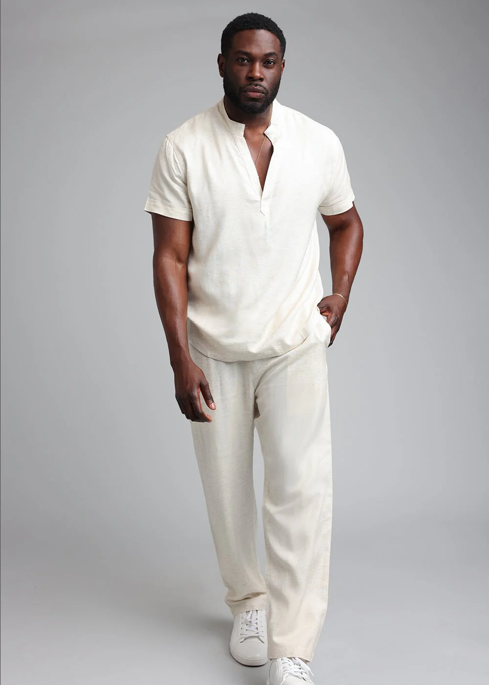 Refiloe Men's African Linen Blend Tunic Shirt (Sand) - Image 4
