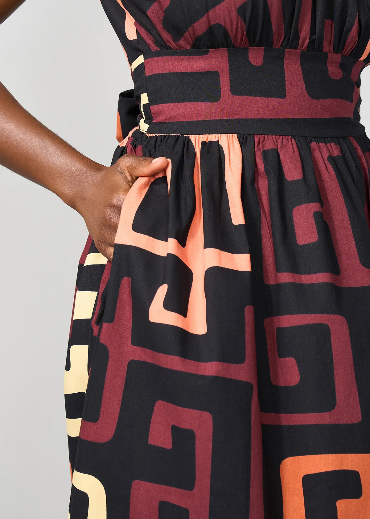 Ronke Women's African Print Maxi Dress (Neutral Kuba Geometric) - Image 4