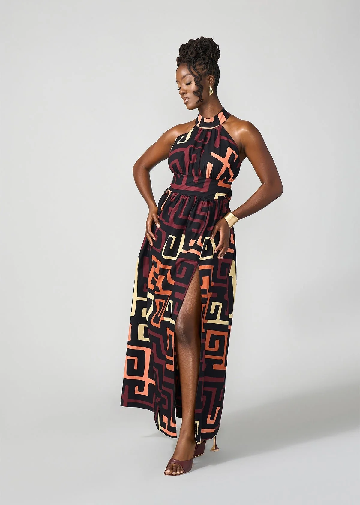 Ronke Women's African Print Maxi Dress (Neutral Kuba Geometric) - Image 5