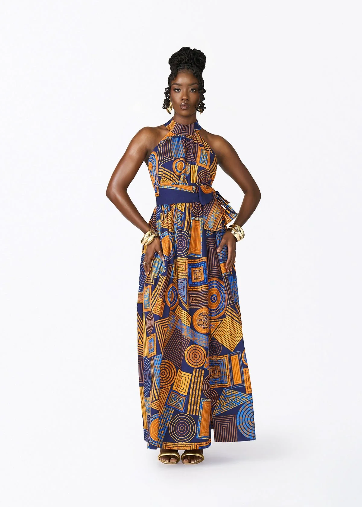 Ronke Women's African Print Maxi Dress (Royal Blue Geometric)