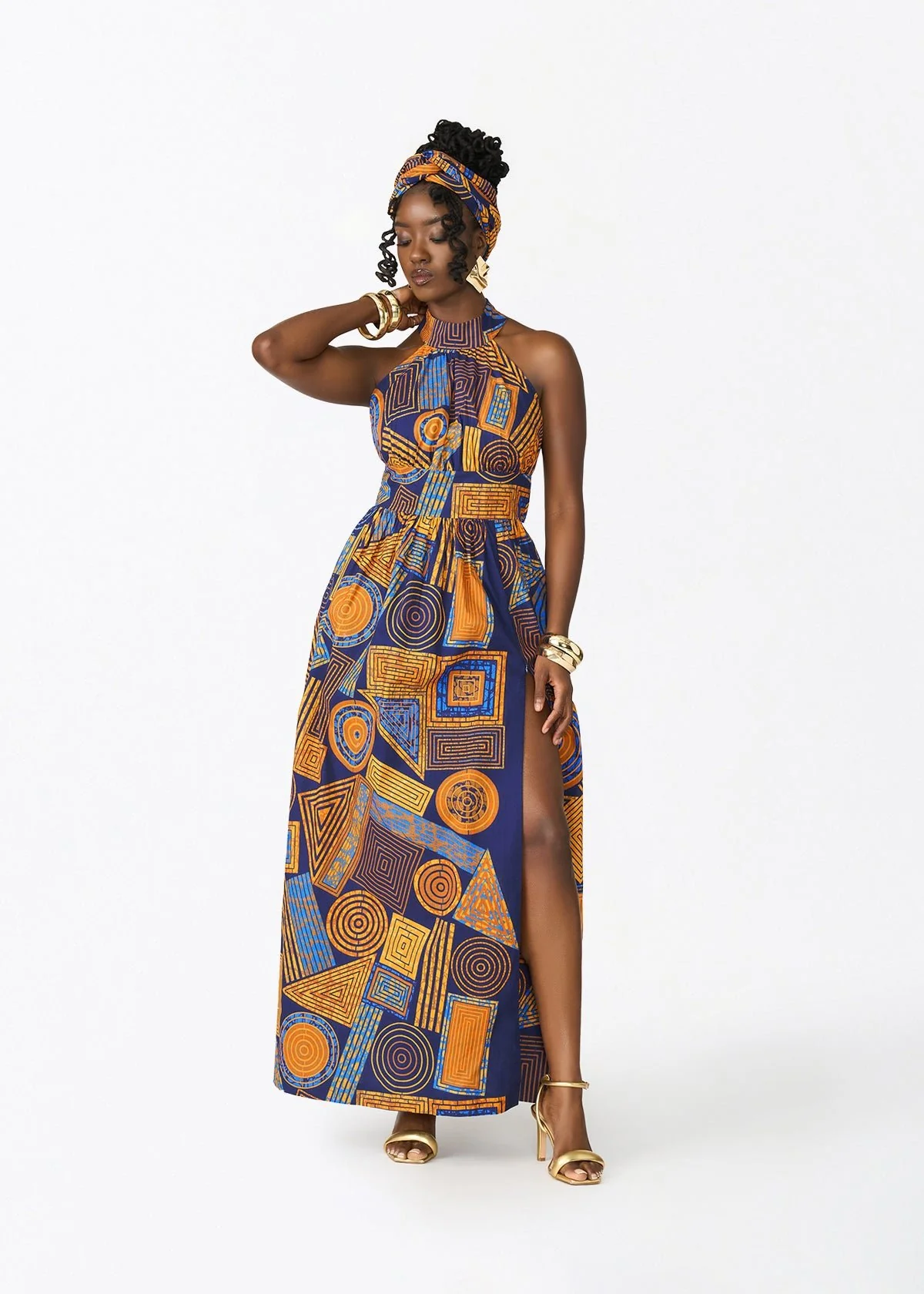 Ronke Women's African Print Maxi Dress (Royal Blue Geometric) - Image 4