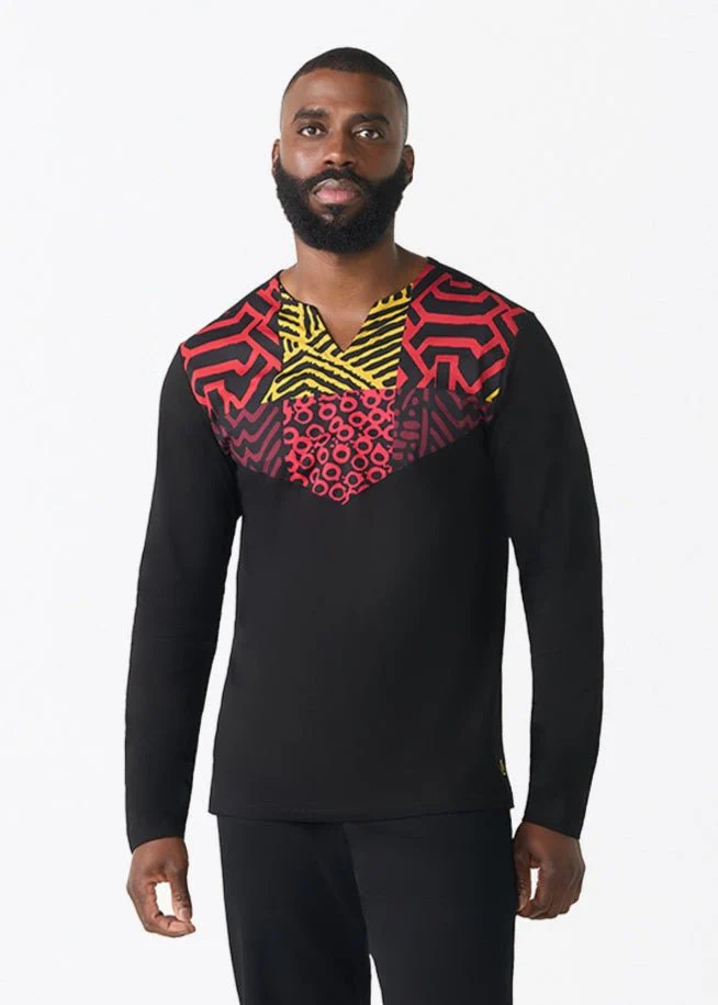 Rufaro Men's African Print Applique T-Shirt (Black Cherry Multipattern) - Clearance