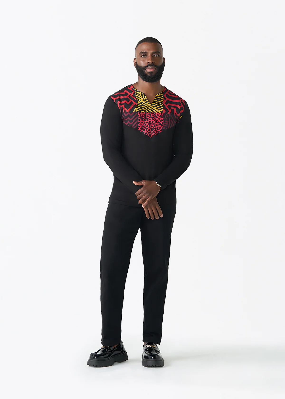 Rufaro Men's African Print Applique T-Shirt (Black Cherry Multipattern) - Clearance - Image 2