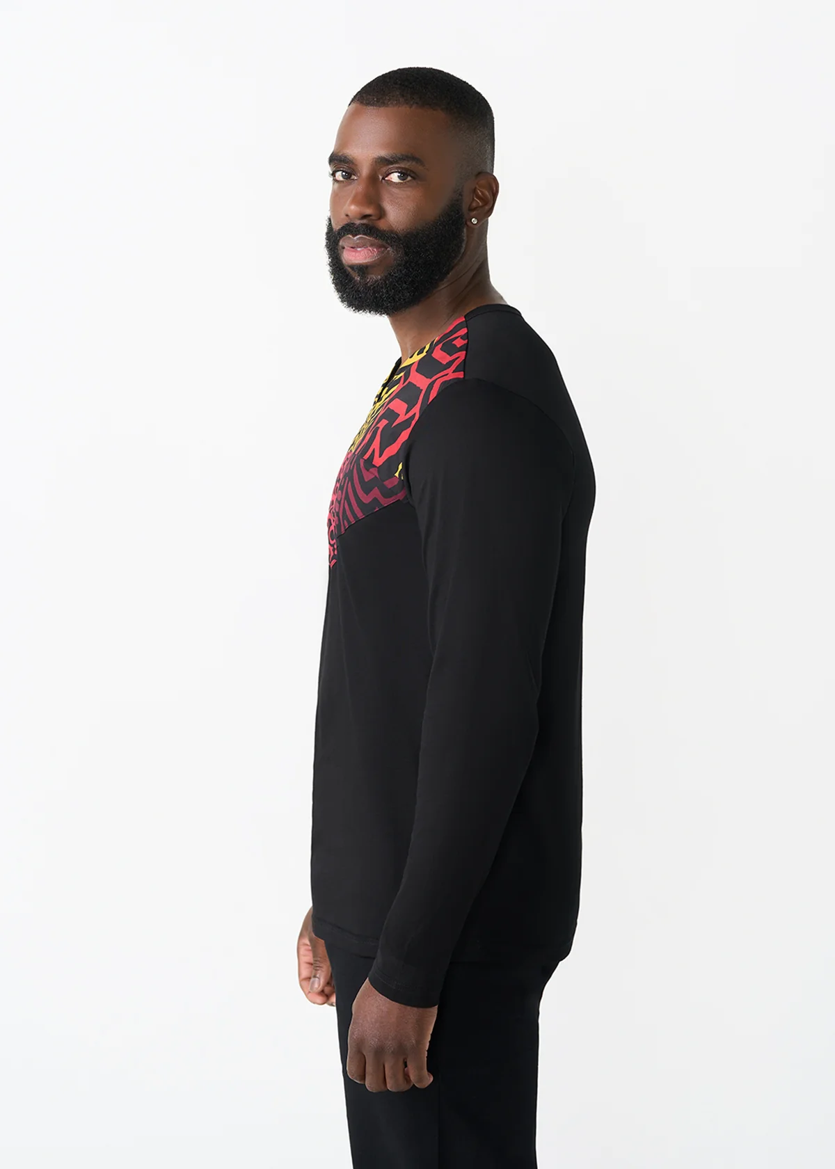 Rufaro Men's African Print Applique T-Shirt (Black Cherry Multipattern) - Clearance - Image 3