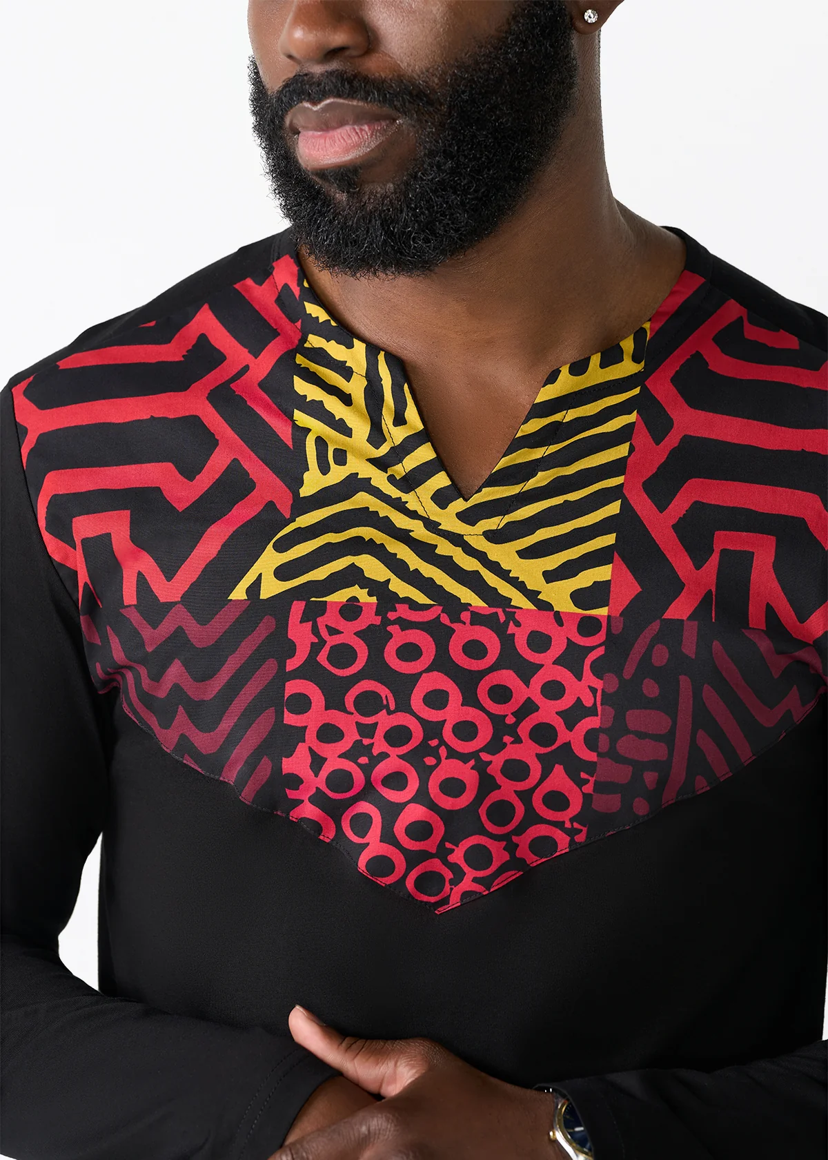 Rufaro Men's African Print Applique T-Shirt (Black Cherry Multipattern) - Clearance - Image 4