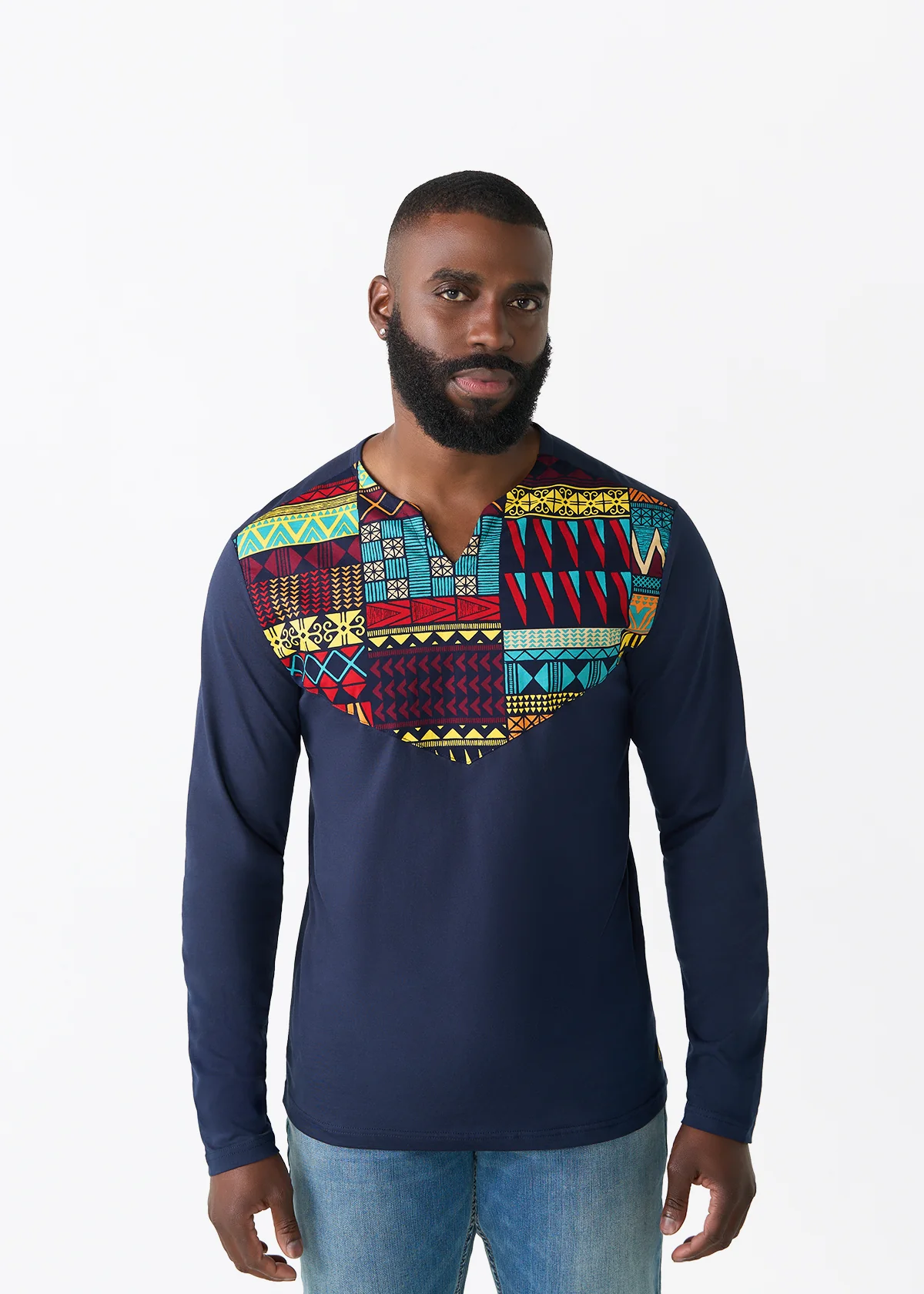 Rufaro Men's African Print Applique T-Shirt (Navy Multicolor Kente) - Clearance