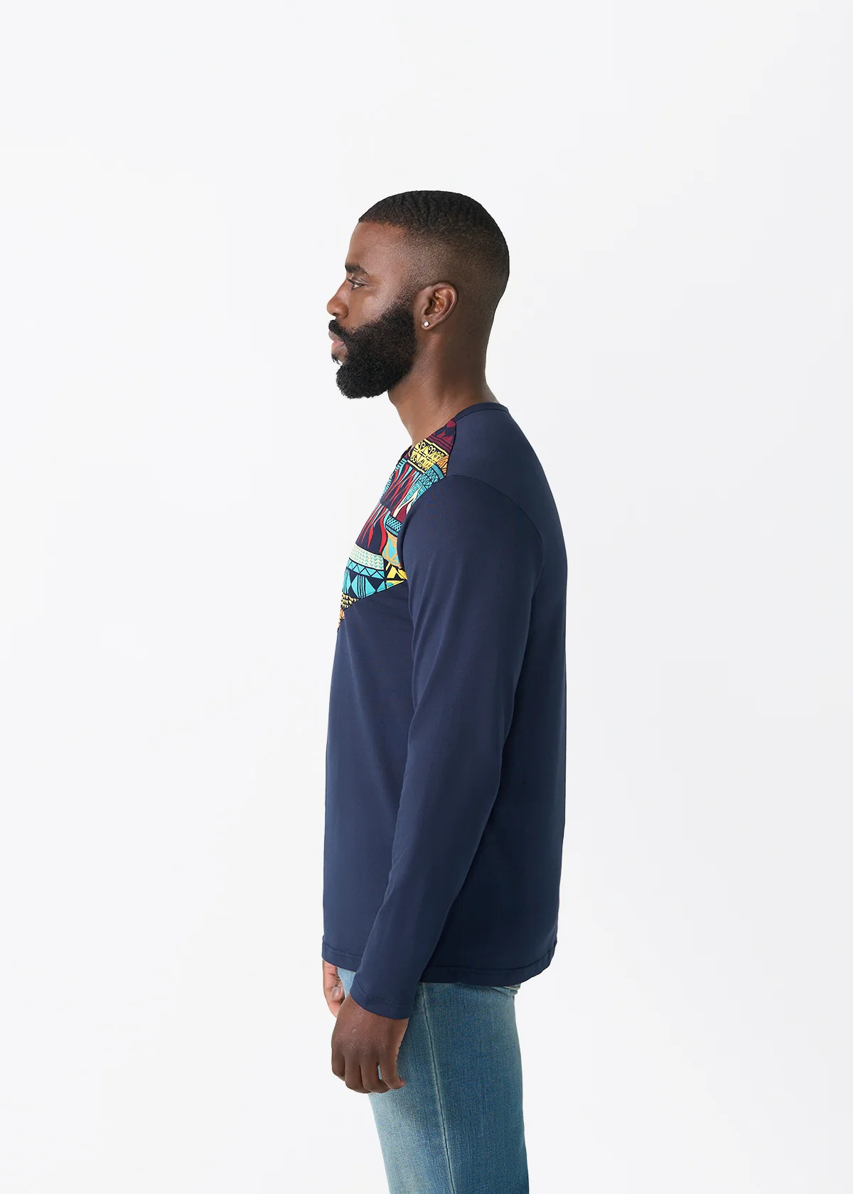 Rufaro Men's African Print Applique T-Shirt (Navy Multicolor Kente) - Clearance - Image 2