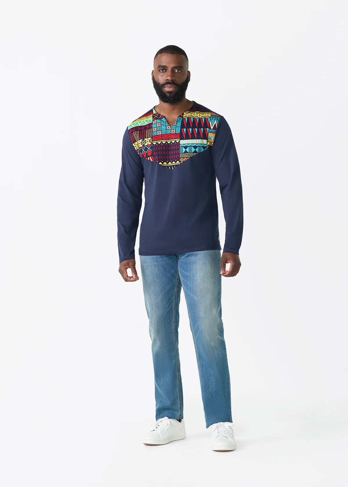 Rufaro Men's African Print Applique T-Shirt (Navy Multicolor Kente) - Clearance - Image 3