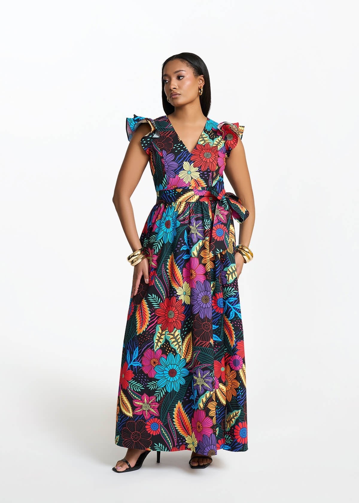 Saleema Women's African Print Maxi Dress (Black Tropical Floral) - Image 3