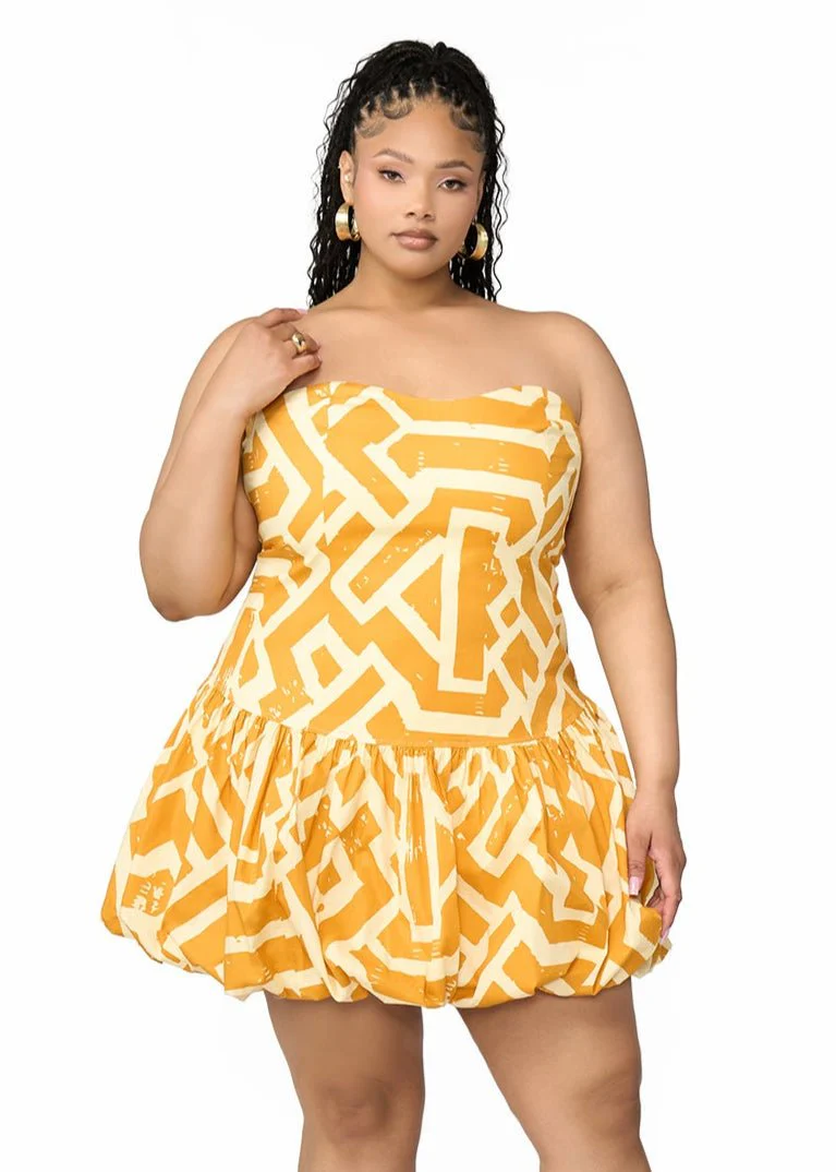 Sani Women's African Print Bubble Hem Mini Dress (Gold Cream Tribal) - Clearance