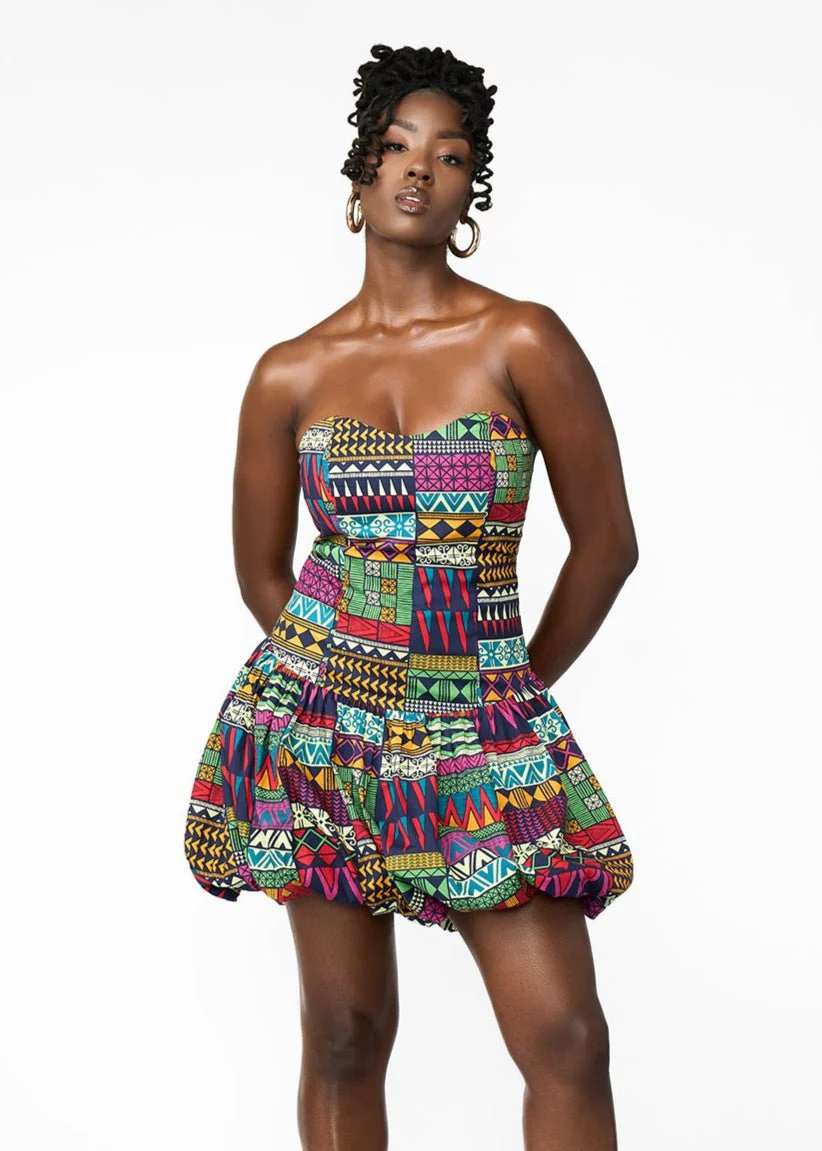 Sani Women's African Print Corset Bubble Hem Mini Dress (Green Navy Kente) - Clearance