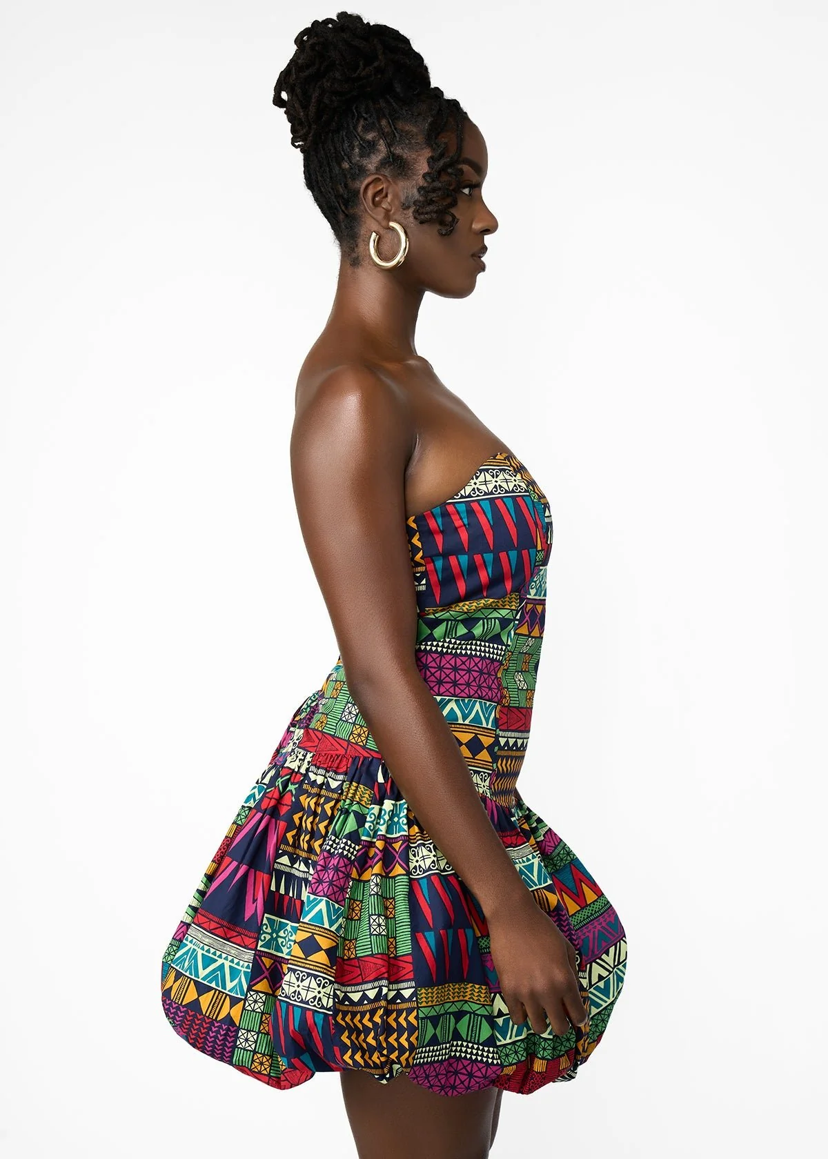 Sani Women's African Print Corset Bubble Hem Mini Dress (Green Navy Kente) - Clearance - Image 2