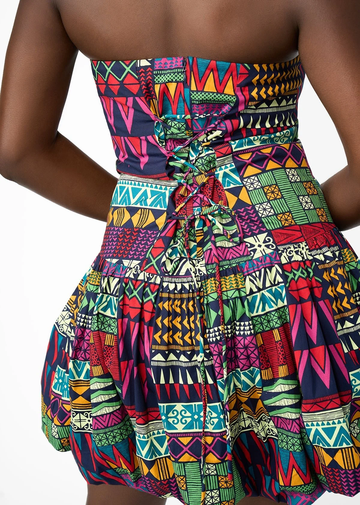 Sani Women's African Print Corset Bubble Hem Mini Dress (Green Navy Kente) - Clearance - Image 3