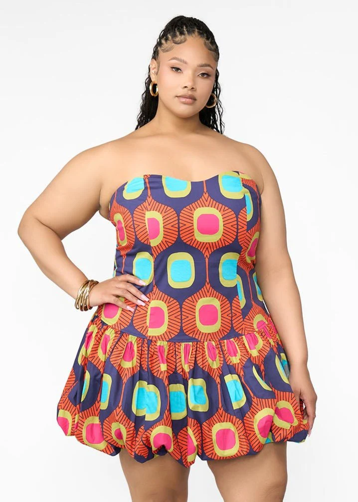 Sani Women's African Print Corset Bubble Hem Mini Dress (Orange Navy Mod) - Clearance