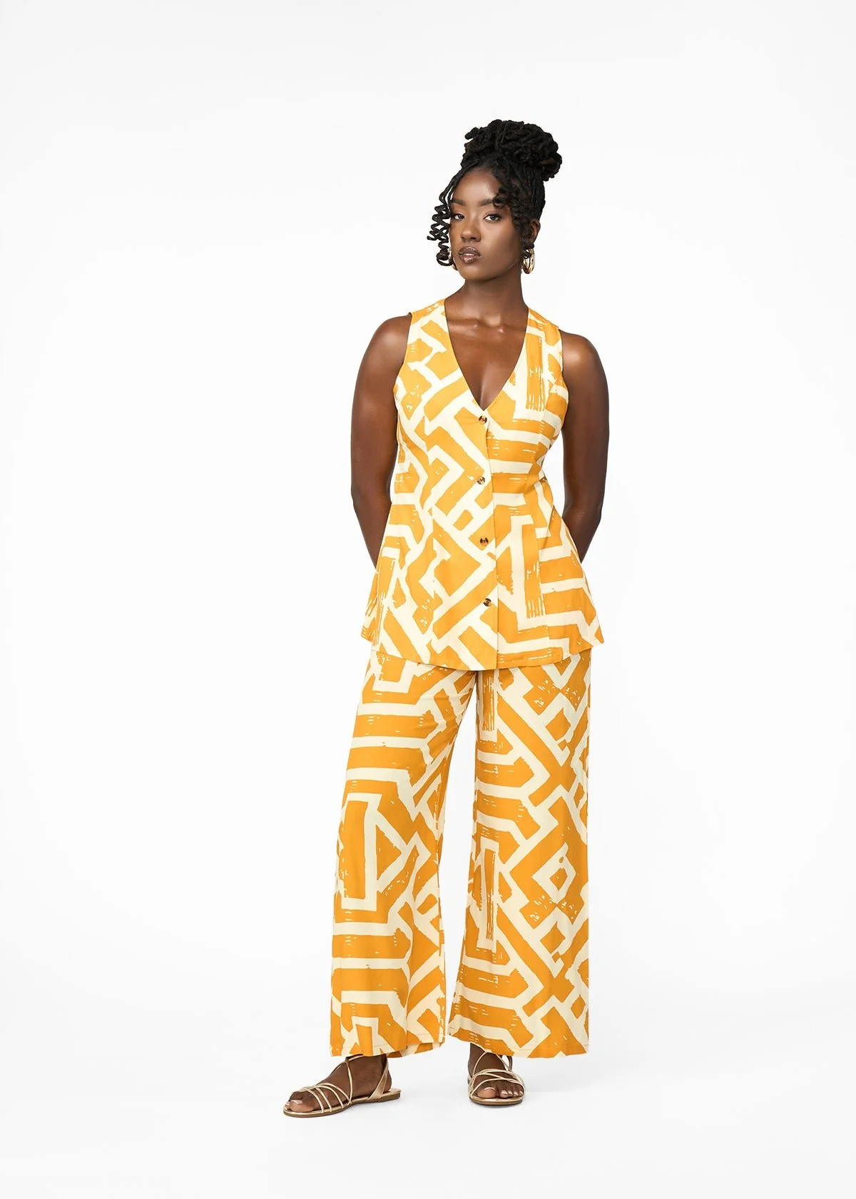 Sekaia Women's African Print Button-Up Vest (Gold Cream Tribal) - Image 2