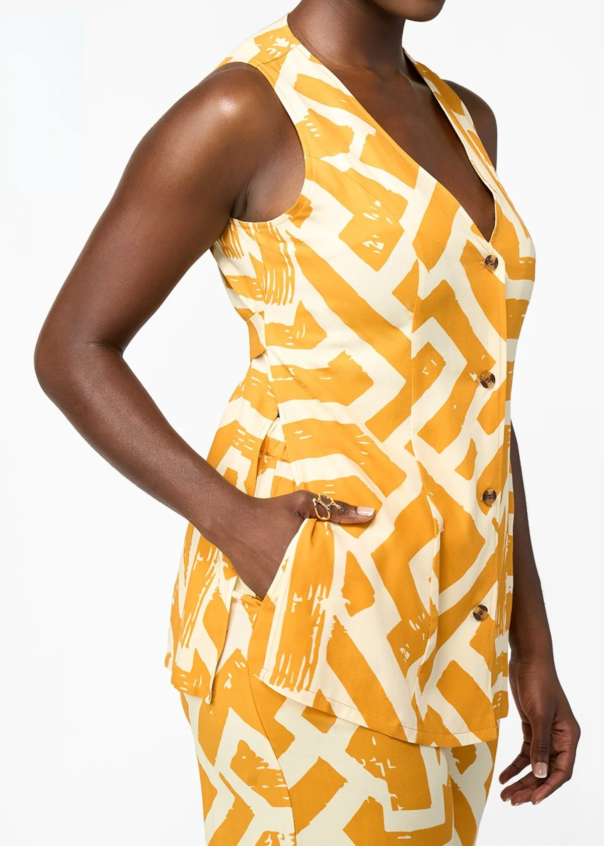 Sekaia Women's African Print Button-Up Vest (Gold Cream Tribal) - Image 3