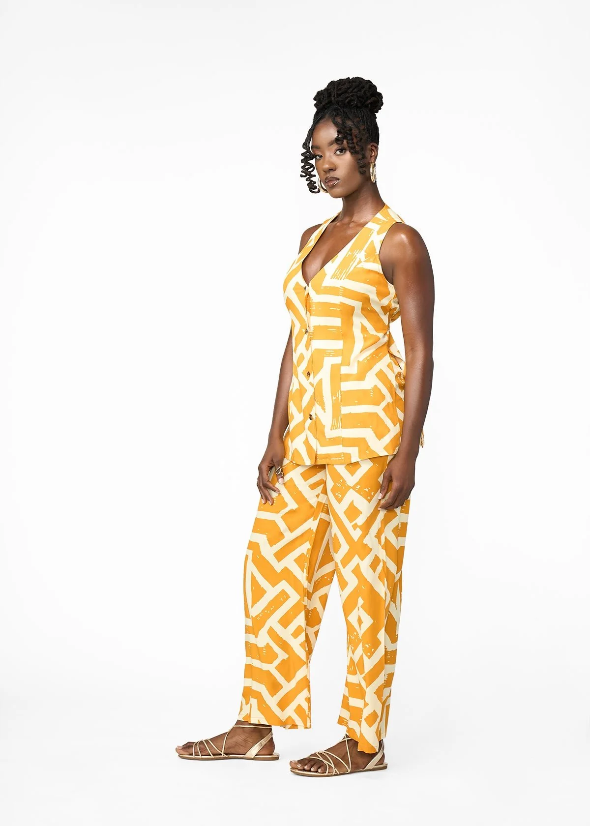 Sekaia Women's African Print Button-Up Vest (Gold Cream Tribal) - Image 4