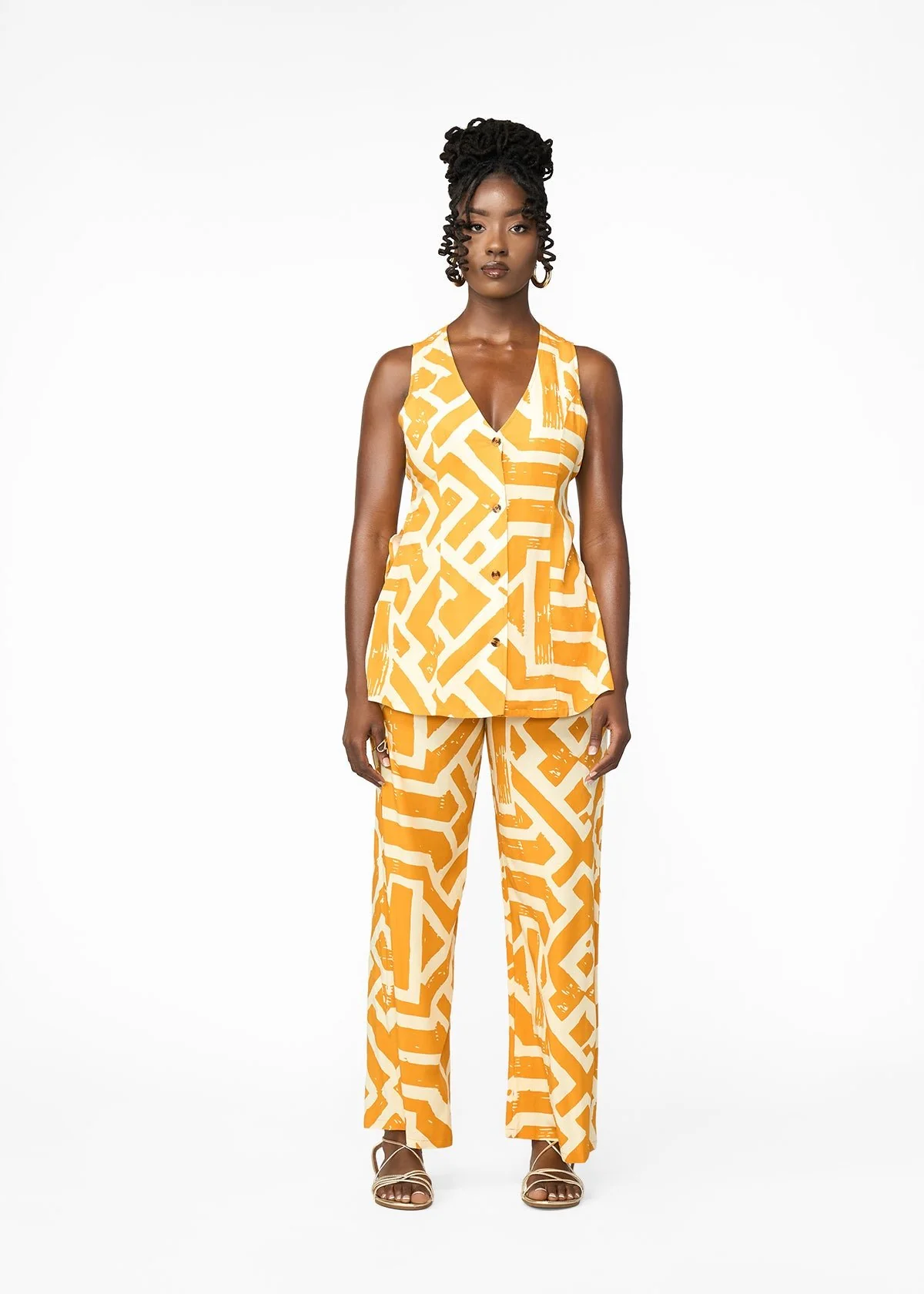 Sekaia Women's African Print Button-Up Vest (Gold Cream Tribal) - Image 6