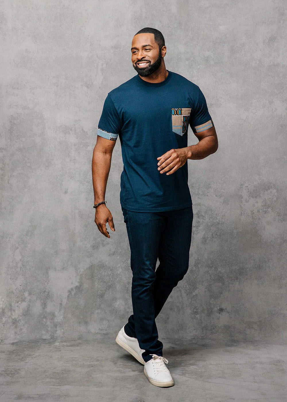 Seun Men's African Print T-Shirt with Pocket (Blue/Tan Navy) - Image 5