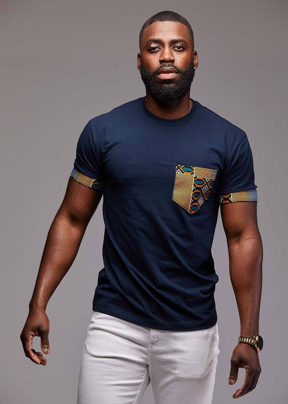 Seun Men's African Print T-Shirt with Pocket (Blue/Tan Navy) - Image 6